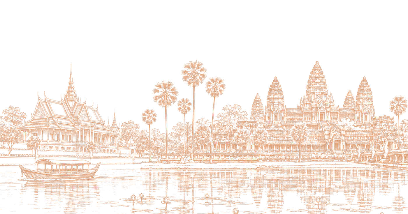 Line drawing of Cambodia: the Royal Palace in Phnom Penh, sugar palms and Angkor Wat reflected in its pond