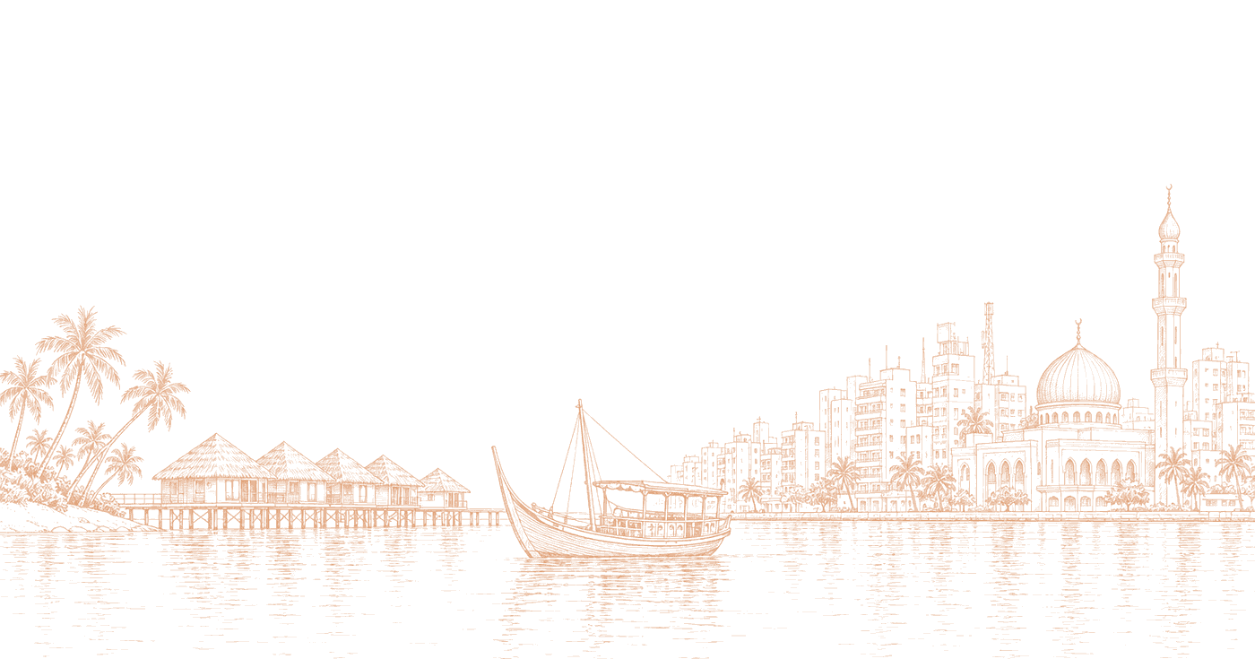 Line drawing of the Maldives: overwater villas, a dhoni boat and the Malé waterfront with the Grand Friday Mosque