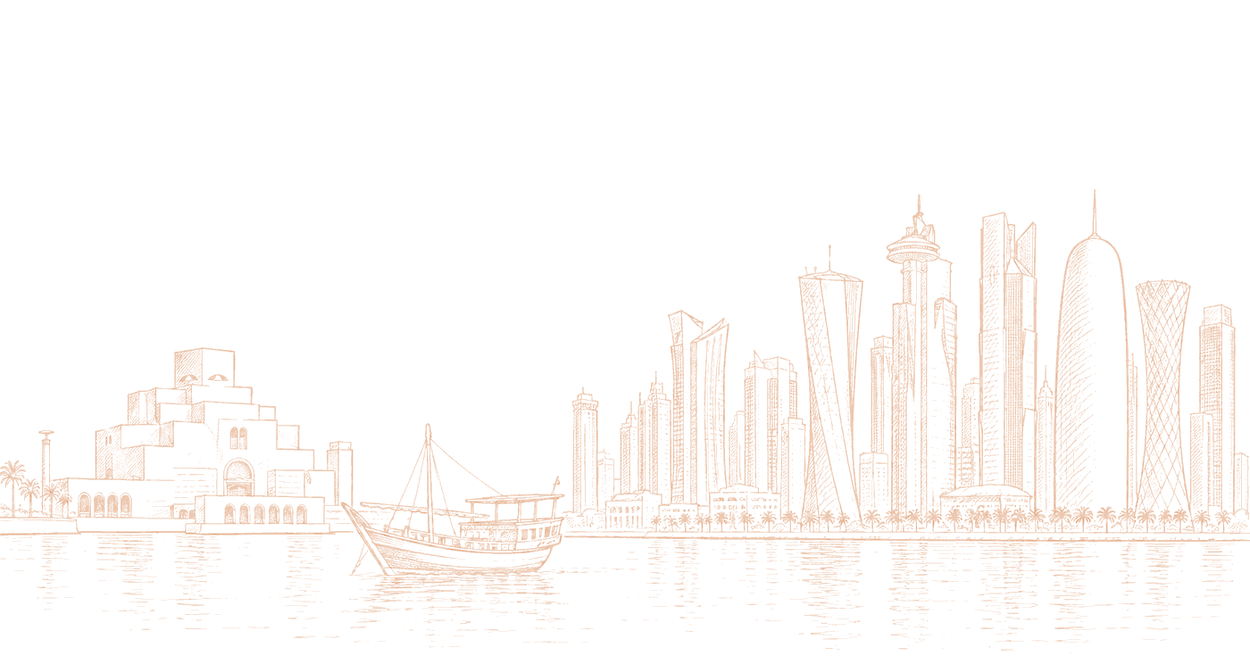 Line drawing of Doha: Museum of Islamic Art, a dhow boat and the West Bay skyline