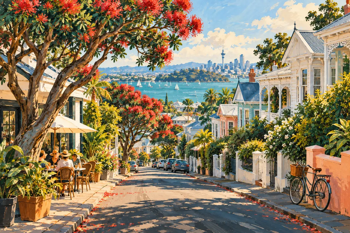 Illustration of a sunny Ponsonby street in Auckland with wooden villas, pohutukawa trees and a café terrace