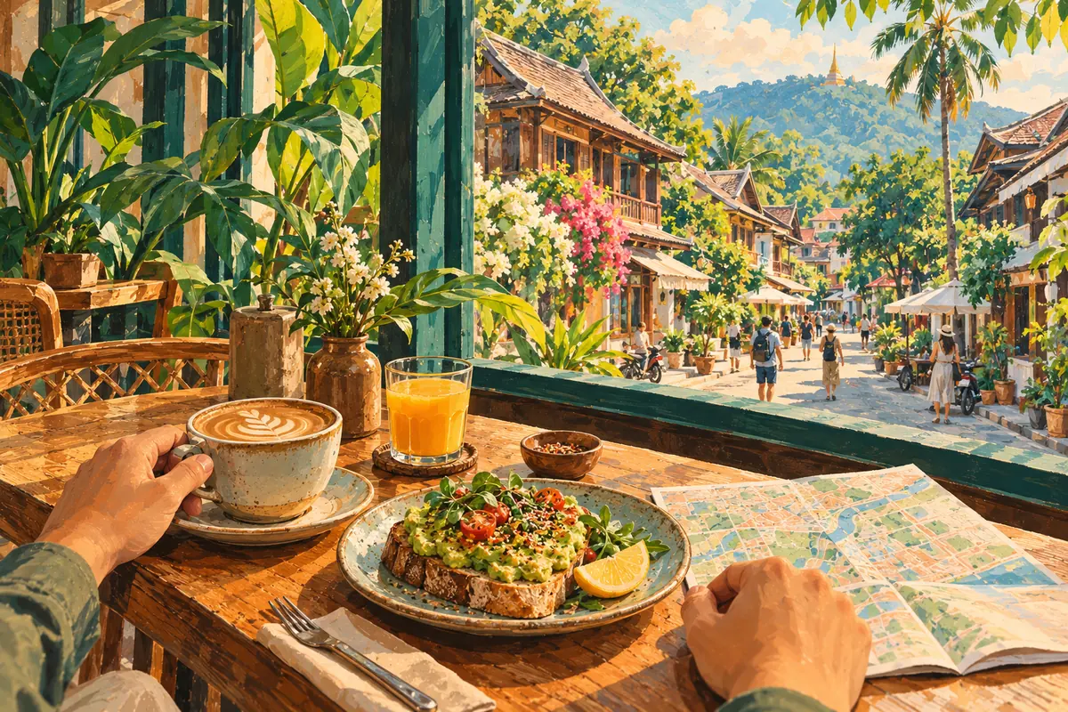 Illustration of a café table with coffee and a map, looking out onto a leafy street in Chiang Mai
