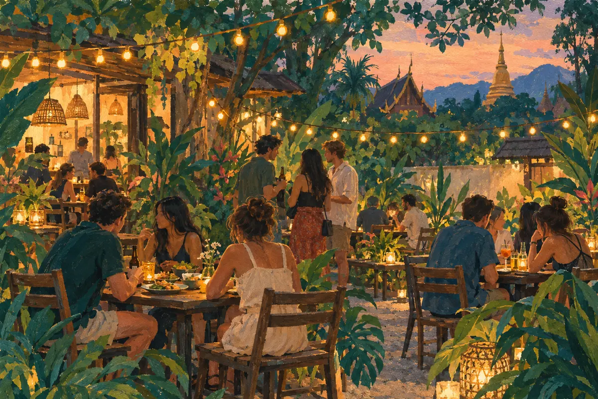 Illustration of an evening meetup in a Chiang Mai garden café under string lights
