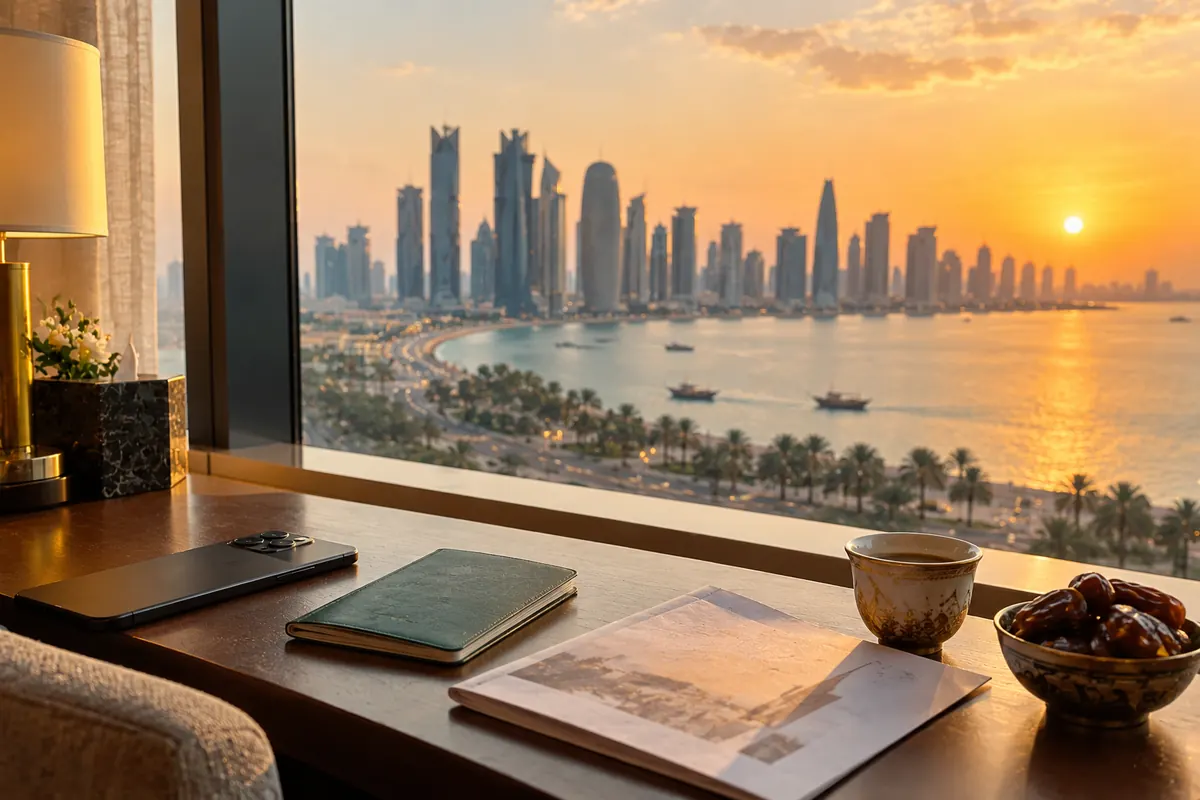 A passport, a folded hotel confirmation and Arabic coffee on a hotel desk overlooking the Doha skyline