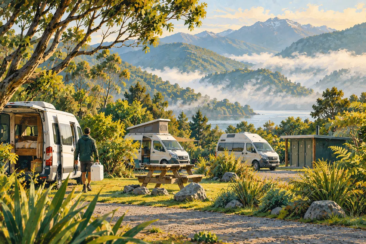 Illustration of campervans parked at a misty conservation campsite in the New Zealand bush