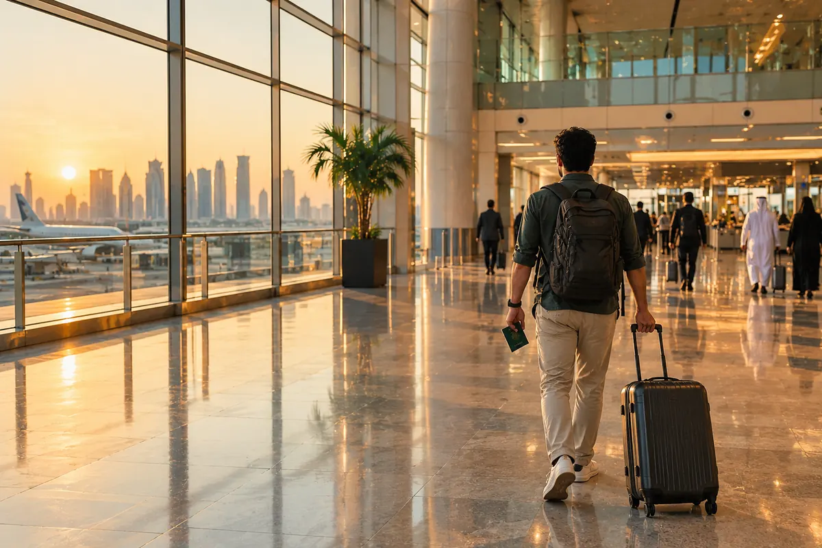 A traveller with a carry-on suitcase and a green passport walking through a sunlit airport arrivals hall in Doha