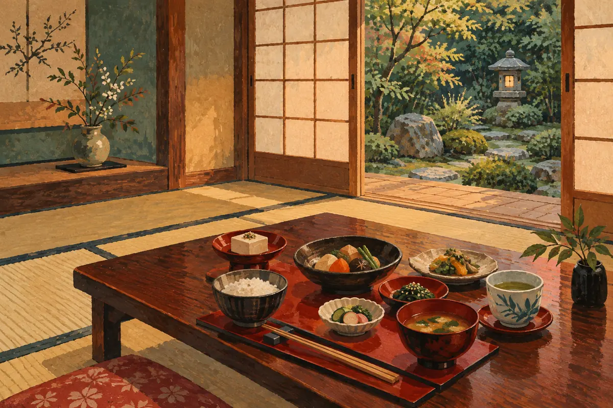 Illustration of a shojin ryori vegetarian dinner in lacquer bowls in a tatami temple room