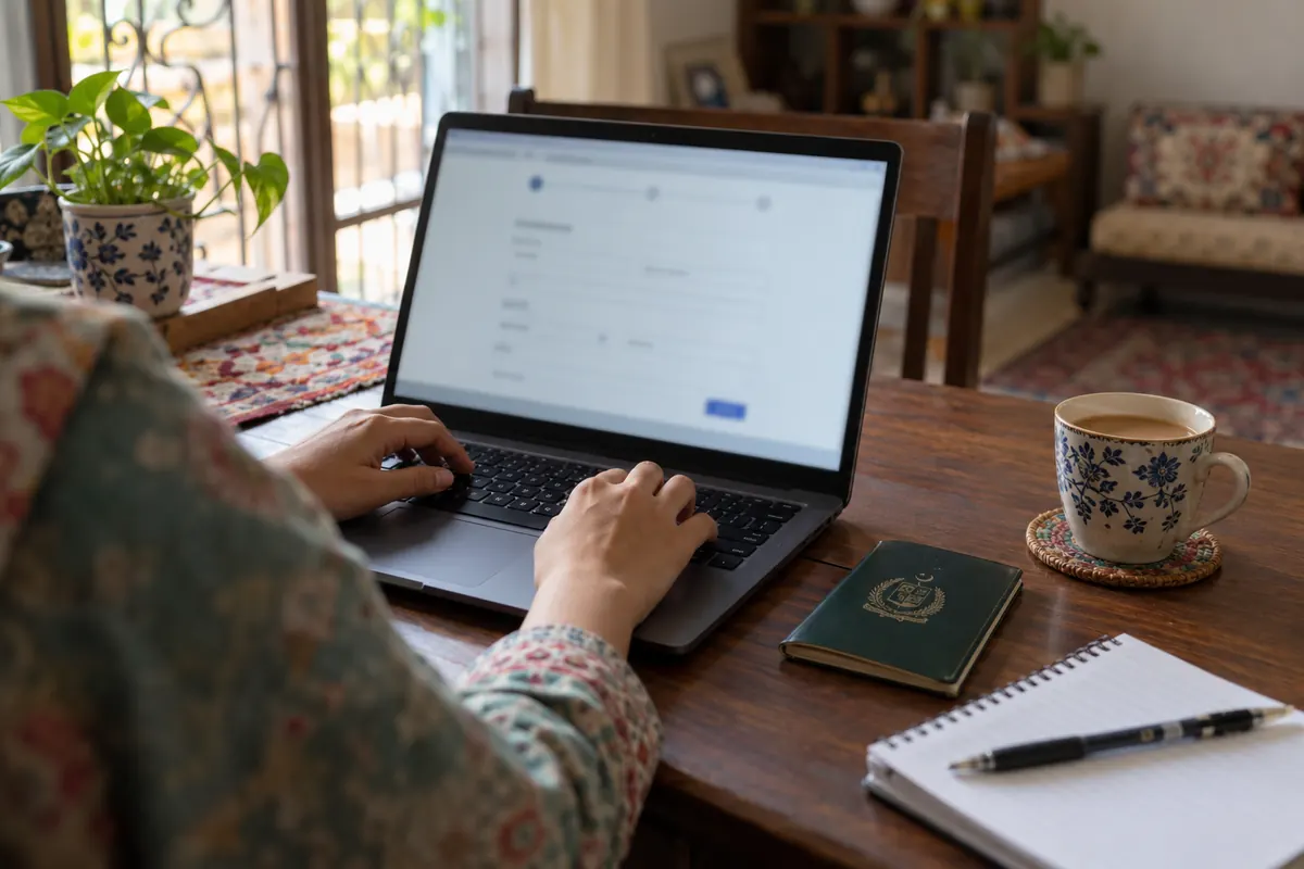Someone filling in an online form on a laptop at home, with a green passport and a cup of chai beside it