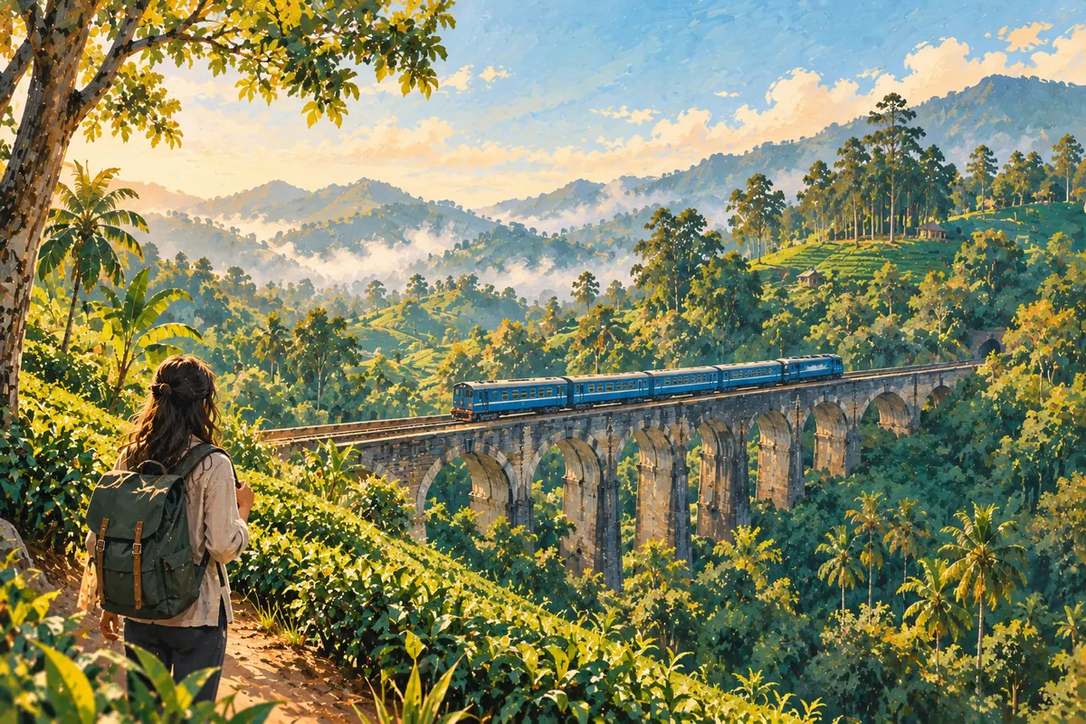 Illustration of a backpacker watching a blue train cross the Nine Arch Bridge in Ella, Sri Lanka