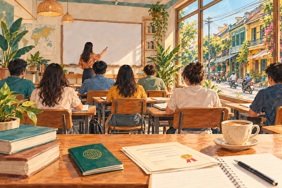 Illustration of an English class in a Southeast Asian language school, seen from the back of the room