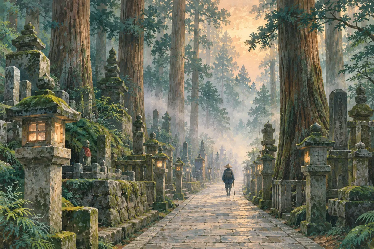 Illustration of a traveller walking the lantern-lined path of Okunoin cemetery on Mount Koya at dawn