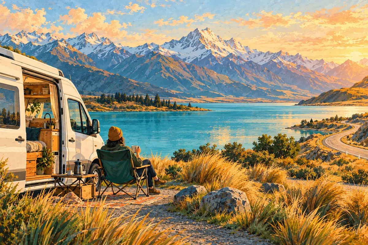 Illustration of a campervan parked by a turquoise lake with snow-capped mountains in New Zealand