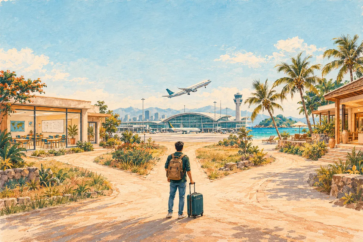 Illustration of a young traveller with a backpack and suitcase at a crossroads leading to a classroom, an airport and a resort
