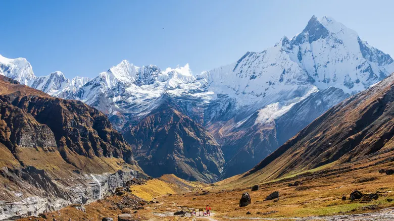 Snow-covered Annapurna mountain range in Nepal
